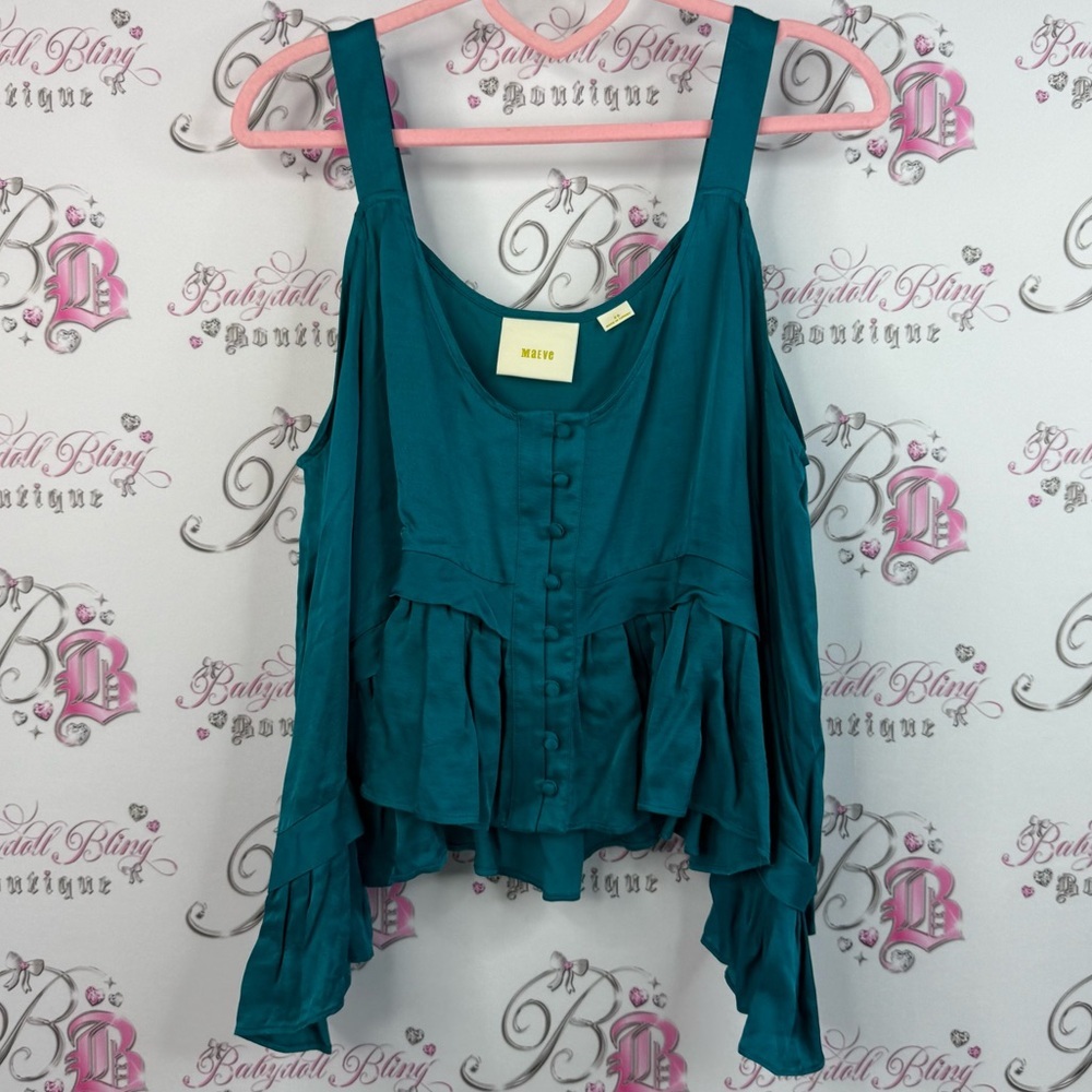 Maeve Anthropologie shirt ruffle tiered frilly Teal Button-Front Blouse
